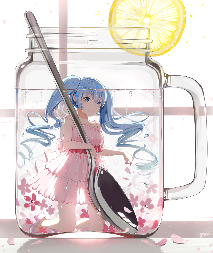 1girl aqua_eyes aqua_hair backlighting bangs blue_eyes blue_hair cup dress flower food fruit hatsune_miku highres holding holding_spoon in_container jar kneeling lemon lemon_slice levi9452 long_hair looking_at_viewer minigirl mug no_socks petals pink_dress pink_shoes pleated_dress see-through_silhouette shoes signature sleeveless sleeveless_dress smile solo spaghetti_strap spoon strap_slip submerged twintails vocaloid water