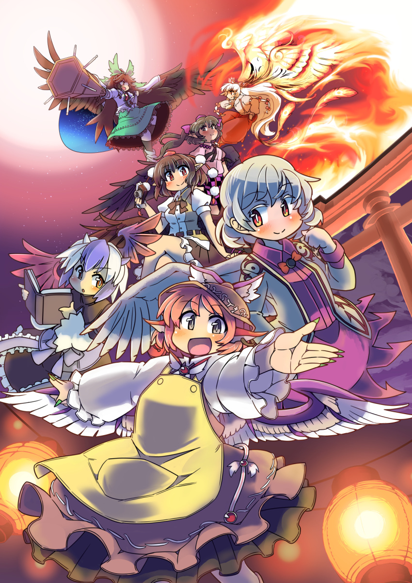 6+girls :d animal_ears arm_cannon bird_wings black_hair black_wings blue_hair blush book bow brown_hair camera cape checkered checkered_skirt clenched_hand dress feathered_wings fiery_wings fingernails fire floating from_side fujiwara_no_mokou grey_hair grey_wings hair_bow hair_ribbon hand_in_pocket hat head_wings highres himekaidou_hatate holding holding_book holding_camera horns ini_(inunabe00) jacket jewelry kishin_sagume lantern legs_crossed long_hair looking_at_another looking_at_viewer moon multicolored_hair multiple_girls mystia_lorelei night night_sky okamisty open_clothes open_jacket open_mouth outstretched_arms pants pink_hair pointy_ears pom_pom_(clothes) purple_dress red_eyes reiuji_utsuho ribbon shameimaru_aya sharp_fingernails shirt short_hair short_sleeves silver_hair single_earring single_head_wing single_wing sitting skirt sky smile suspenders third_eye tokiko_(touhou) tokin_hat torii touhou trait_connection twintails two-tone_hair very_long_hair weapon white_hair wings