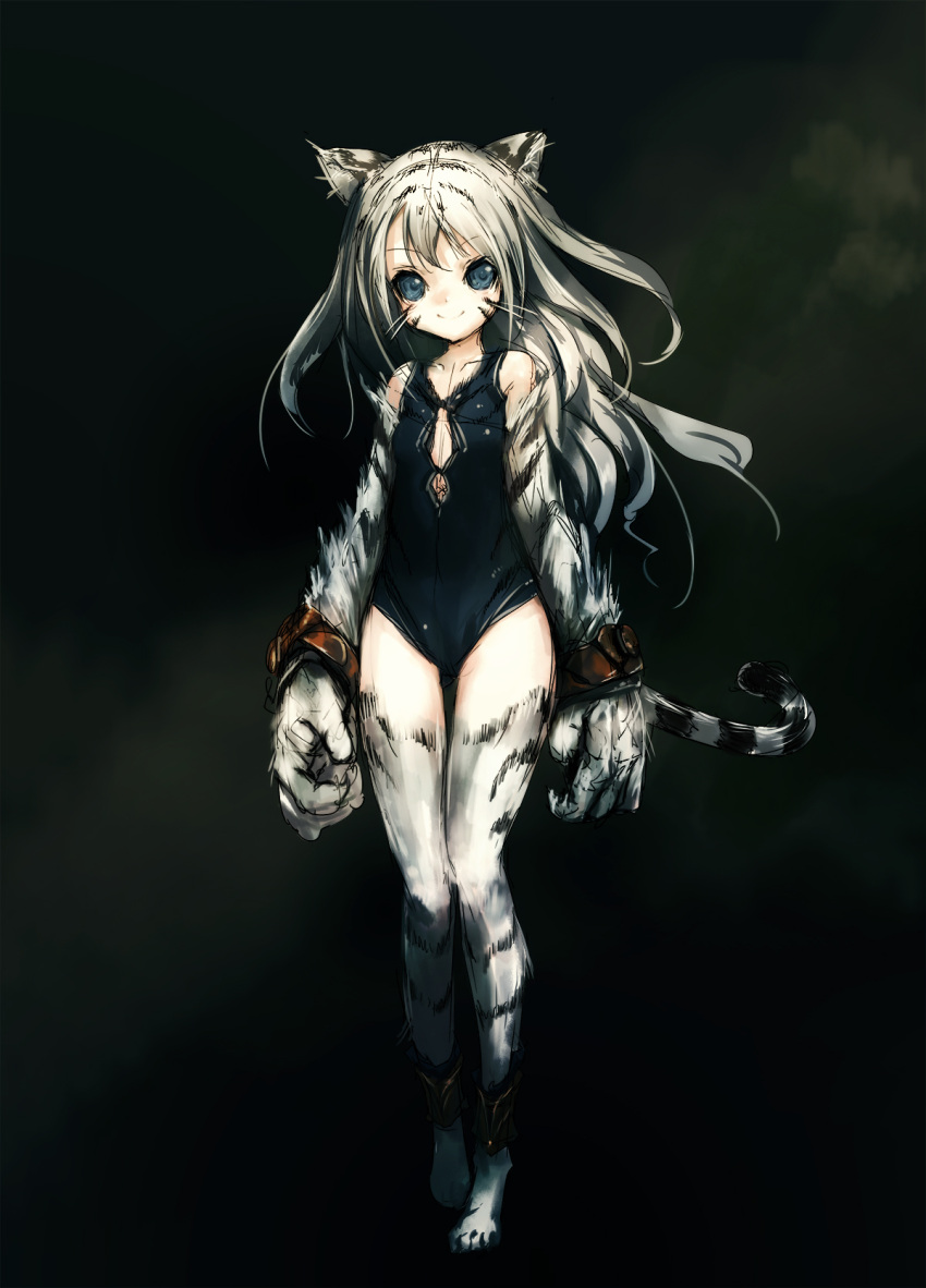 1girl animal_ears ankle_cuffs barefoot blue_eyes breasts claws furry highres hitomaru leotard long_hair looking_at_viewer original silver_hair small_breasts smile solo tail tiger_ears whiskers