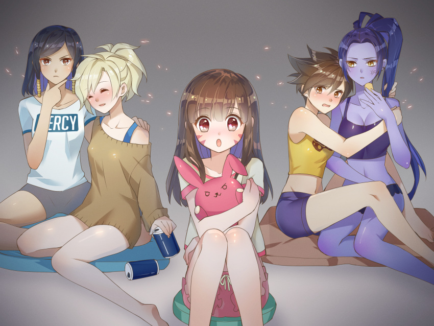 5girls :o alcohol anger_vein atobesakunolove bangs bare_shoulders barefoot beer beer_can black_hair black_shorts blonde_hair blush breasts brown_eyes brown_hair can character_name chips cleavage clothes_writing collarbone crop_top d.va_(overwatch) dark_skin dress drink drunk earrings eye_of_horus eyebrows eyebrows_visible_through_hair facepaint facial_mark full-face_blush hair_tubes hand_on_another's_shoulder hand_on_own_chin hand_up highres holding hug indian_style jewelry long_hair long_sleeves medium_breasts mercy_(overwatch) midriff multiple_girls navel object_hug off-shoulder_sweater open_mouth overwatch pharah_(overwatch) ponytail pov purple_hair purple_skin scared shirt short_dress short_hair short_sleeves shorts side_braids sitting sleeveless sleeveless_shirt smile spiky_hair stud_earrings stuffed_animal stuffed_bunny stuffed_toy sweater sweater_dress swept_bangs tearing_up tracer_(overwatch) very_long_hair watching watching_television whisker_markings widowmaker_(overwatch) yellow_eyes yuri