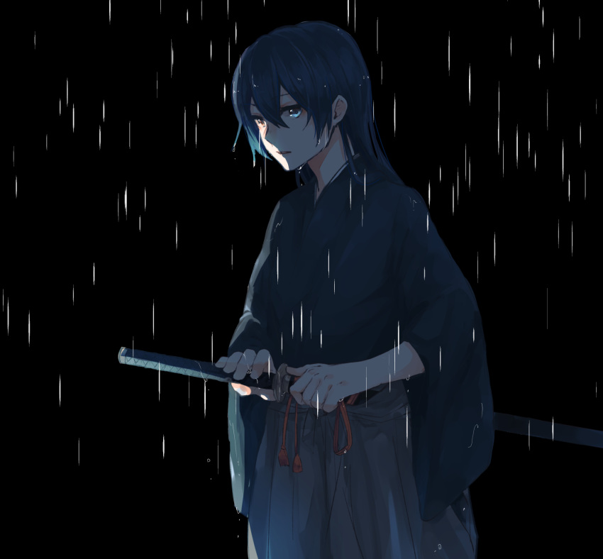 0218htt 1girl alternate_eye_color black_background blue_hair brown_eyes heterochromia highres japanese_clothes katana long_hair love_live! love_live!_school_idol_project parted_lips rain ready_to_draw solo sonoda_umi sword weapon wet