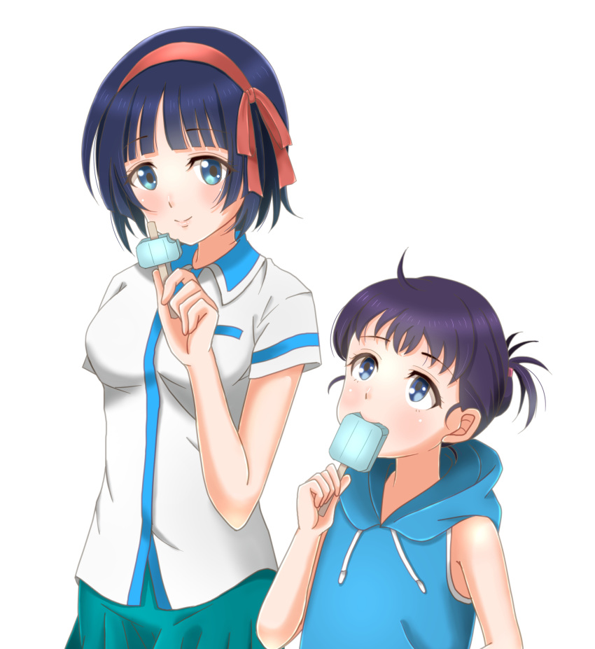 2girls black_hair blue_eyes eating food hair_ribbon hairband highres ice_cream kuromukuro multiple_girls niba_iru!? popsicle red_ribbon ribbon school_uniform shirahane_koharu shirahane_yukina shirt short_hair short_sleeves sleeveless sleeveless_hoodie