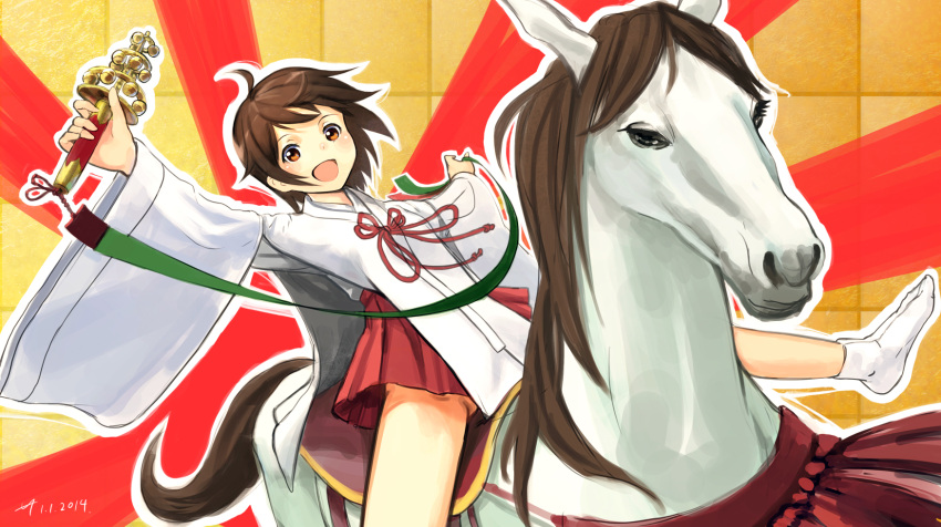 1girl 2014 bangs bell brown_eyes brown_hair commentary_request dated gohei hakama highres horse japanese_clothes jingle_bell kagura_suzu looking_at_viewer lynchis macedonian_flag mane miko no_panties open_mouth original outstretched_arms red_hakama ribbon riding saddle short_hair sketch spread_arms spread_legs sunburst tabi wand wide_sleeves