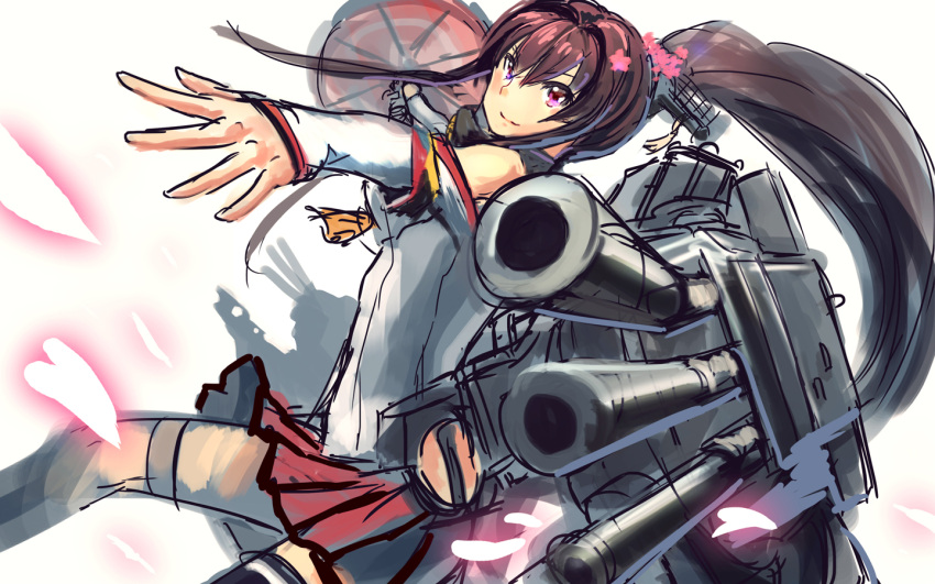 1girl asymmetrical_legwear bangs breasts brown_hair cannon collar detached_sleeves flower gloves hair_between_eyes hair_flower hair_ornament hakama headgear heart holding holding_umbrella japanese_clothes kantai_collection leg_up long_hair looking_at_viewer lynchis medium_breasts outstretched_arm outstretched_arms parasol ponytail rigging smile thigh-highs thigh_strap umbrella violet_eyes white_background yamato_(kantai_collection)