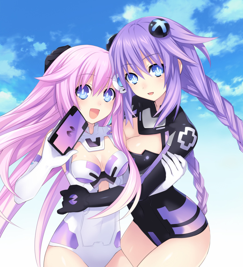 2girls :d arm_around_waist arm_grab bangs blue_eyes blush bodysuit braid breasts bright_pupils choujigen_game_neptune cleavage cleavage_cutout clouds covered_navel cowboy_shot day elbow_gloves emblem gloves hair_between_eyes hair_ornament halterneck hand_on_another's_head happy highres holding hug large_breasts leotard long_hair looking_at_viewer medium_breasts multiple_girls navel_cutout nepgear neptune_(choujigen_game_neptune) neptune_(series) official_art open_mouth outdoors pink_hair power_symbol purple_hair purple_heart purple_sister red_cross siblings sidelocks sisters sky smile symbol-shaped_pupils torso_grab tsunako turtleneck twin_braids twintails very_long_hair white_gloves