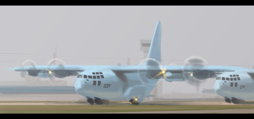 aircraft airplane airport c-130_hercules completion_time control_tower hettsuaa highres letterboxed military no_humans original overcast power_lines propeller runway sketch transport_plane