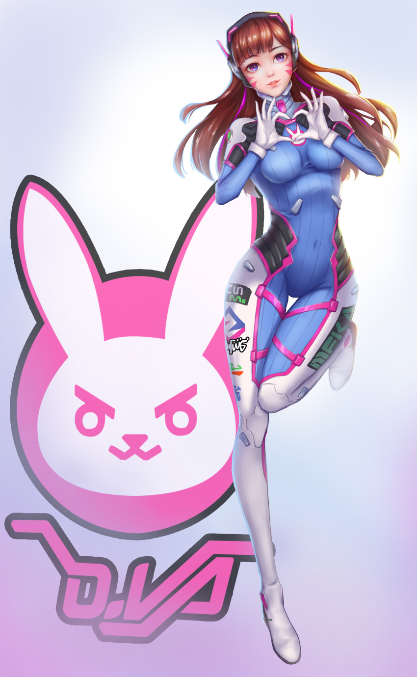 1girl absurdres acronym alternate_eye_color bangs blunt_bangs bodysuit boots bracer breasts breasts_apart brown_hair bunny_print character_name covered_navel d.va_(overwatch) emblem facepaint facial_mark full_body gloves hands_up headphones heart heart_hands high_collar highres legs_together lips logo long_hair long_sleeves looking_at_viewer medium_breasts murako overwatch parted_lips pauldrons pilot_suit pink_lips ribbed_bodysuit shoulder_pads skin_tight smile solo standing standing_on_one_leg thigh-highs thigh_boots thigh_gap thigh_strap turtleneck violet_eyes whisker_markings white_boots white_gloves