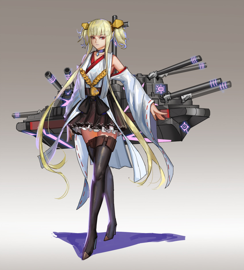 1girl alternate_costume aoki_hagane_no_arpeggio arms_at_sides bangs black_boots black_skirt blonde_hair boots breasts cannon choker closed_mouth cosplay detached_sleeves eyebrows eyebrows_visible_through_hair eyelashes full_body gem gradient gradient_background grey_background hair_ornament hairband hakama highres japanese_clothes kantai_collection kongou_(aoki_hagane_no_arpeggio) kongou_(kantai_collection) kongou_(kantai_collection)_(cosplay) legs_crossed long_hair looking_at_viewer machinery miniskirt namesake nontraditional_miko pleated_skirt red_eyes red_ribbon ribbon ribbon-trimmed_skirt ribbon-trimmed_sleeves ribbon_trim rope sidelocks sk_tori skirt small_breasts solo standing thigh-highs thigh_boots twintails watson_cross white_ribbon wide_sleeves zettai_ryouiki