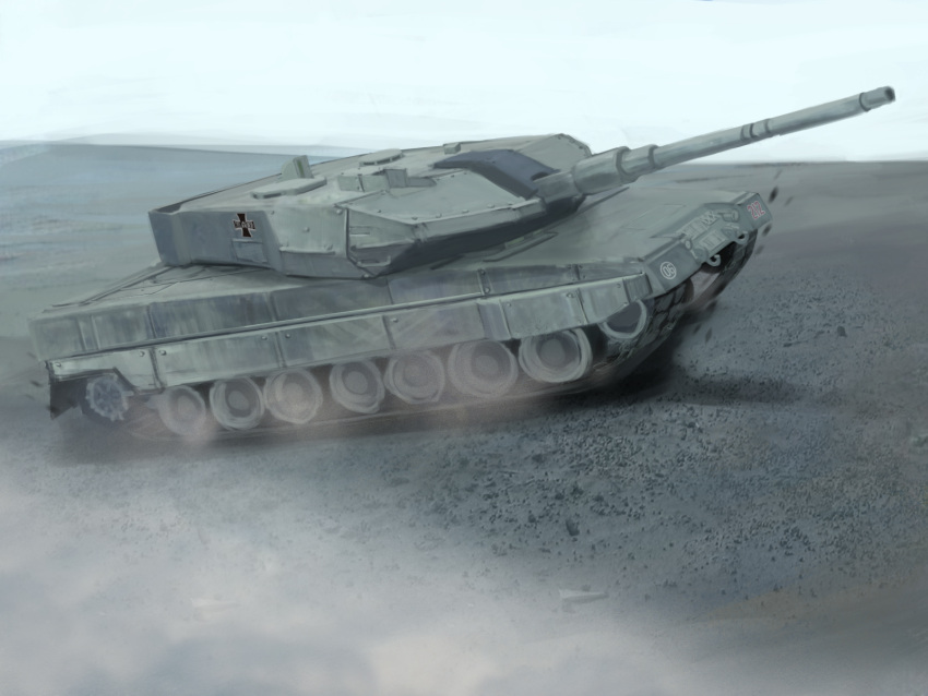cannon completion_time dust emblem girls_und_panzer ground_vehicle hettsuaa highres hill horizon leopard_2 military military_vehicle motion_blur motor_vehicle no_humans original sky tank
