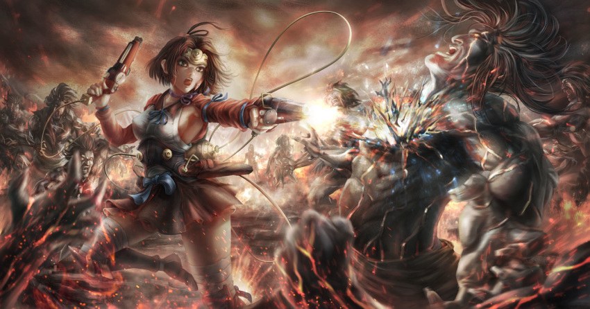 1girl armpits bandage bandaged_leg blurry boots breasts brown_boots brown_eyes brown_hair brown_skirt corset depth_of_field dual_wielding explosion fingernails firing gun headpiece holding holding_gun holding_weapon jaynorn_lin knee_boots koutetsujou_no_kabaneri long_sleeves medium_breasts mumei_(kabaneri) one_leg_raised open_mouth outdoors outstretched_arm running sideboob skirt sunlight thigh-highs topknot undead underbust weapon wire zettai_ryouiki zombie