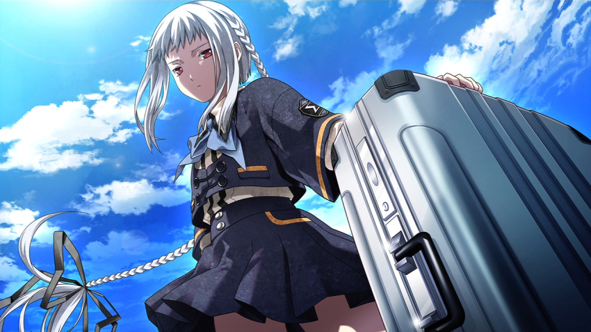 1girl :i blue_bow blue_clothes blue_shirt blue_skirt bow bowtie braid briefcase buttons clouds cloudy_sky day dunamis_15 ears emblem expressionless eyebrows fingers from_below game_cg grey_ribbon hair_ribbon handle hands holding_briefcase legs long_braid long_hair looking_at_viewer looking_down miniskirt nagahama_megumi pleated_skirt red_eyes ribbon school_uniform setsu_chihaya shirt skirt sky solo striped upper_body white_hair white_shirt