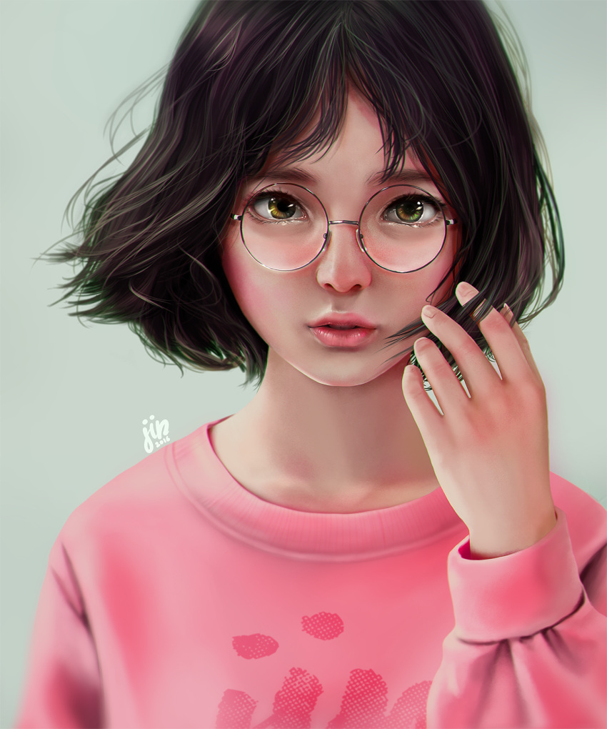 1girl 2016 arm_at_side artist_name black_hair clothes_writing eyebrows eyelashes fingers glasses green_background green_eyes hand_in_hair hands highres jin jintawat_puttanawiboon lips long_sleeves nose olive_background original parted_lips pink_shirt realistic shirt short_hair silver-framed_eyewear simple_background solo teeth upper_body