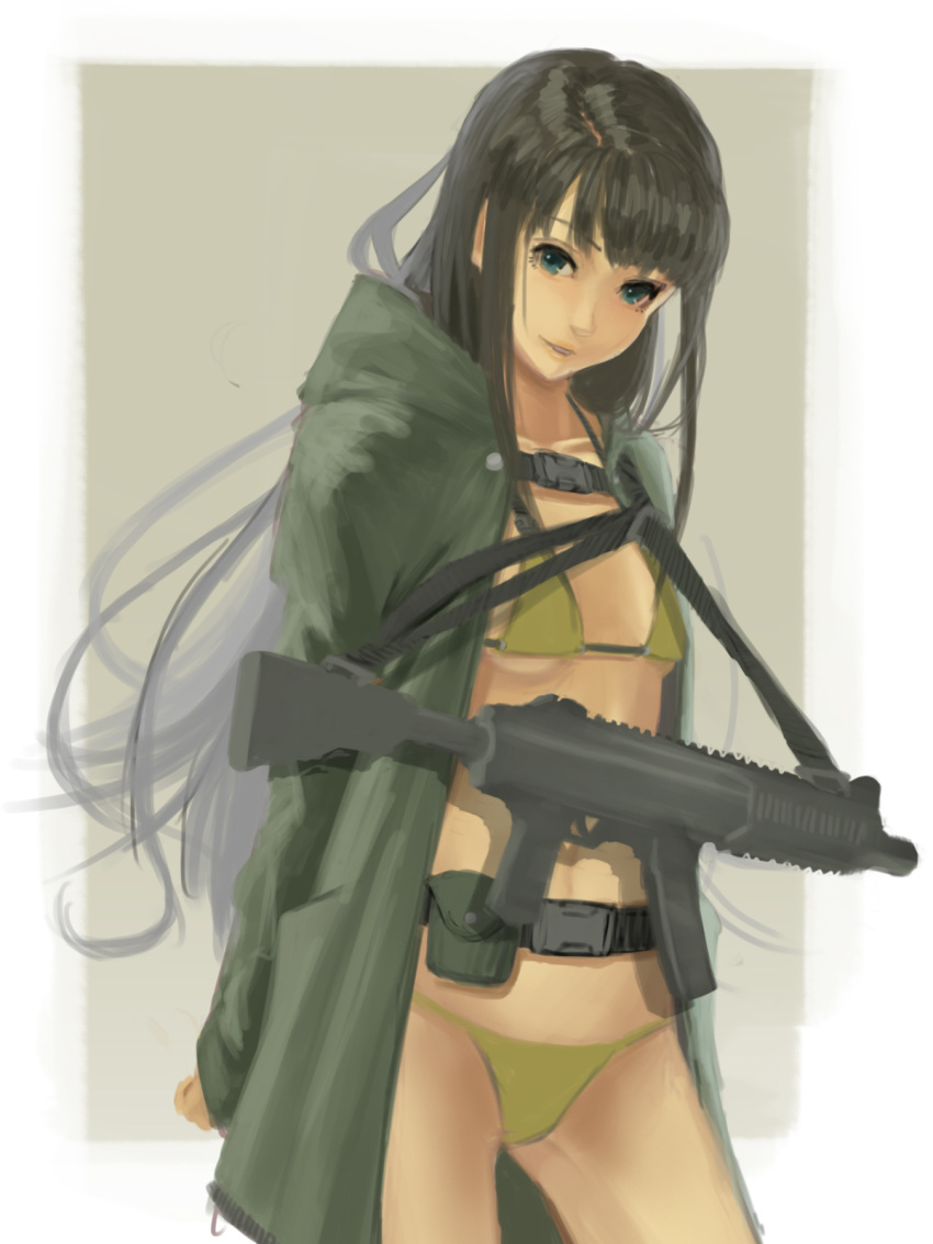 1girl aqua_eyes beige_background bikini black_hair border breasts completion_time green_coat gun head_tilt hettsuaa highres lips long_hair looking_at_viewer original simple_background small_breasts solo strap submachine_gun swimsuit tactical_clothes very_long_hair weapon weapon_request yellow_bikini