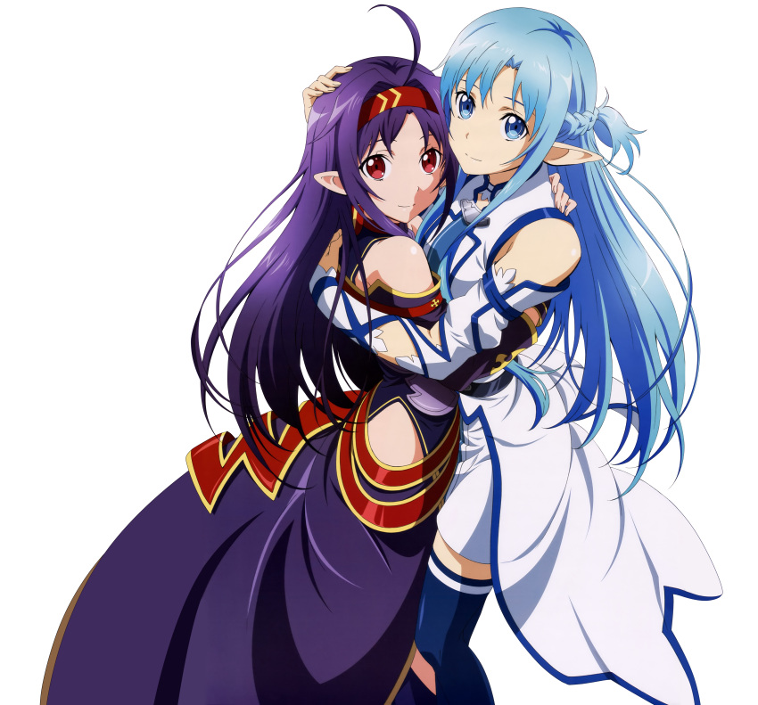 2girls absurdres asuna_(sao) asuna_(sao-alo) belt blue_eyes blue_hair blue_legwear detached_sleeves dress hand_on_another's_head highres hug huge_filesize long_hair looking_at_viewer multiple_girls pointy_ears purple_hair red_eyes simple_background smile sword_art_online thigh-highs white_background white_dress yuuki_(sao) zettai_ryouiki