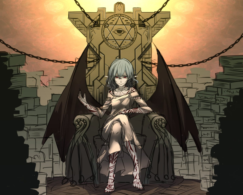 1girl all_seeing_eye alternate_costume bare_shoulders barefoot bat_wings blue_hair book_stack chains dress hexagram legs_crossed looking_at_viewer nail_polish no_hat no_headwear off-shoulder_dress off_shoulder pointy_ears red_eyes red_nails remilia_scarlet shaded_face short_hair shukusuri sitting solo tattoo throne touhou wings
