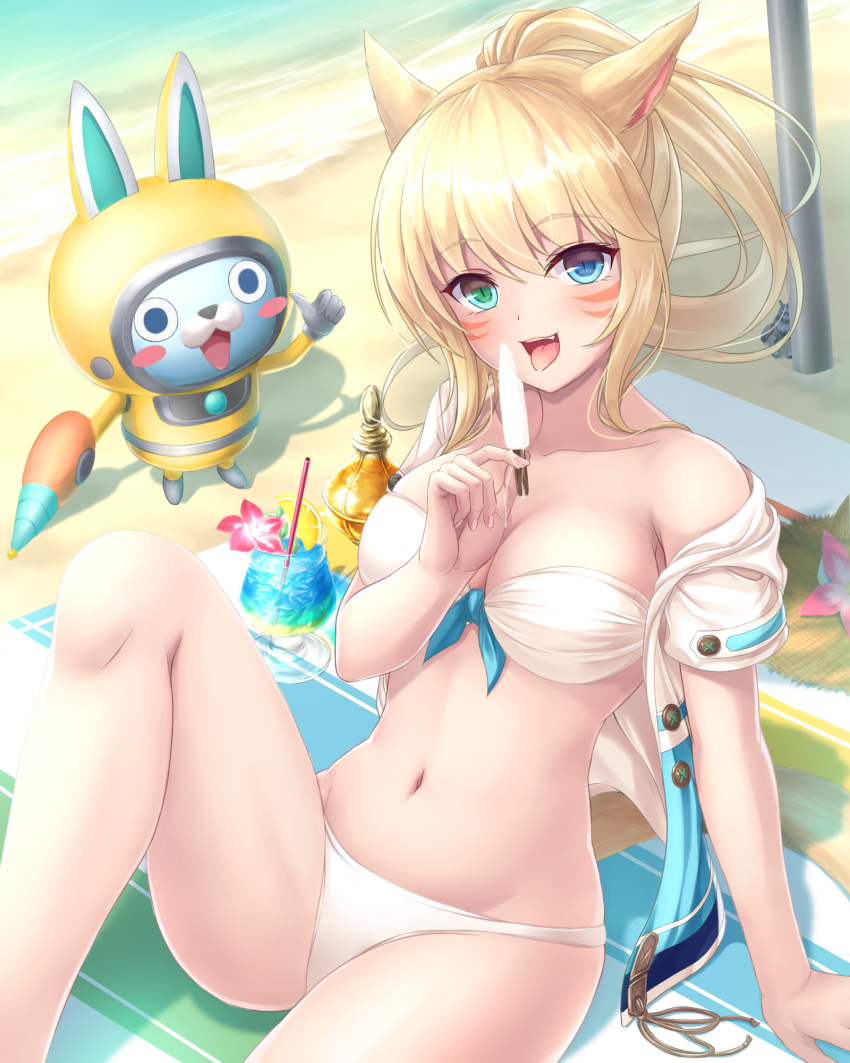 1girl :d animal_ears bare_shoulders beach beach_towel bikini blonde_hair blue_eyes blush blush_stickers breasts brown_hat cat_ears cat_tail cleavage coast collarbone creature crossover cup drinking_straw eyebrows eyebrows_visible_through_hair final_fantasy final_fantasy_xiv food front-tie_bikini front-tie_top fruit green_eyes hat hat_removed headwear_removed heterochromia highres holding holding_food knee_up lemon lemon_slice long_hair looking_at_viewer md5_mismatch medium_breasts miqo'te navel off_shoulder open_clothes open_mouth open_shirt outdoors pole sand shadow shirt shore short_sleeves sitting smile stomach strapless strapless_bikini straw_hat swimsuit tail thumbs_up tiphereth towel unbuttoned unbuttoned_shirt usapyon water whisker_markings white_bikini white_shirt youkai youkai_watch