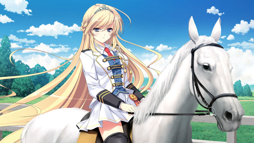 1girl :i ahoge amelia_rose_brettingham animal ankoromochi black_eyes black_legwear blonde_hair blue_eyes blue_shirt blush bridle bush buttons clouds cloudy_sky detached_sleeves dress ears eyebrows eyebrows_visible_through_hair eyes fence game_cg grass hair_between_eyes highres horse horseback_riding house iron_cross jpeg_artifacts landscape leather legwear long_hair looking_at_viewer medal miniskirt necktie nose open_eyes outdoors path pleated_skirt red_necktie riding road rope saddle shirt shitsuji_ga_aruji_wo_erabu_toki skirt sky solo thigh-highs tiara tree uniform upper_body very_long_hair wallpaper white_clothes white_dress white_horse white_skirt zettai_ryouiki