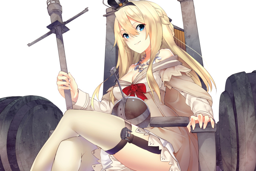 1girl black_hat blonde_hair blue_eyes blush bow braid breasts cleavage dress french_braid garter_straps glint hair_between_eyes hairband hat highres jewelry jun_project kantai_collection legs_crossed long_hair long_sleeves looking_at_viewer machinery medium_breasts necklace off-shoulder_dress off_shoulder red_bow simple_background sitting thigh-highs thighs throne warspite_(kantai_collection) white_background yellow_dress yellow_legwear zettai_ryouiki