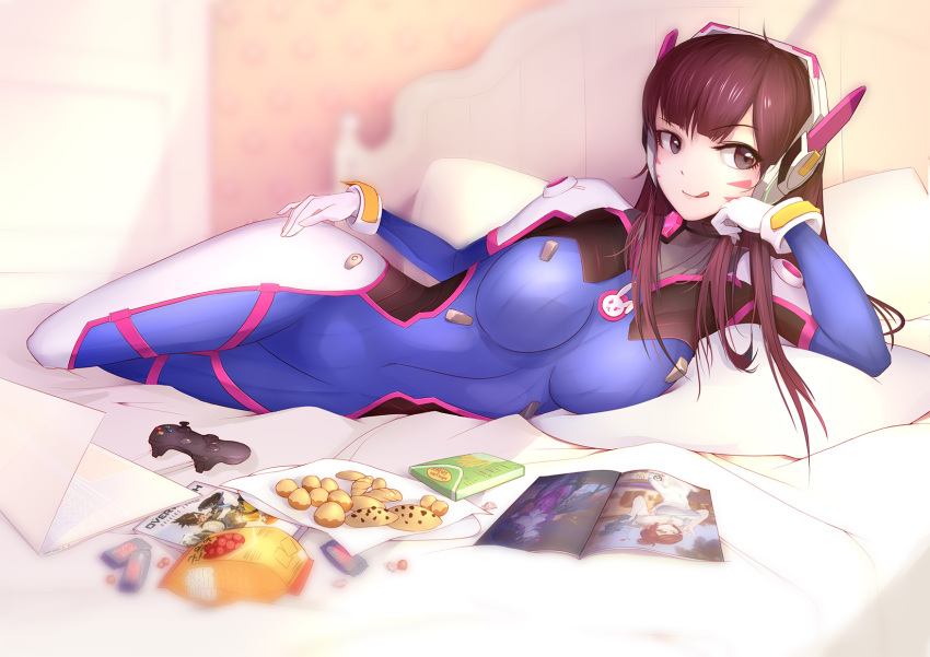 1girl ;p ;q bangs bed bed_sheet blunt_bangs bodysuit boots bracer breasts breasts_apart brown_eyes brown_hair bunny_print computer controller cookie covered_navel d.va_(overwatch) eyebrows eyebrows_visible_through_hair eyelashes facepaint facial_mark food full_body game_controller gamepad gloves hand_on_own_cheek hand_on_own_face head_rest headphones high_collar highres laptop large_breasts legs_together lips liu_lan long_hair long_sleeves looking_at_viewer lying md5_mismatch mei_(overwatch) on_bed on_side one_eye_closed overwatch pauldrons pillow pilot_suit pink_lips ribbed_bodysuit shoulder_pads skin_tight smile snack solo thigh-highs thigh_boots thigh_strap tongue tongue_out tracer_(overwatch) turtleneck whisker_markings white_boots white_gloves widowmaker_(overwatch) window