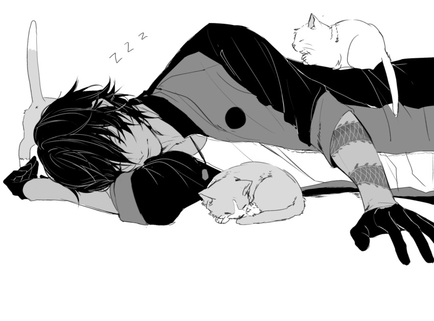 1boy alternate_costume animal cat closed_eyes closed_mouth dragon gloves half_gloves head_rest lying male_focus monochrome necklace ookurikara personification simple_background sleeping tattoo touken_ranbu upper_body vient white_background