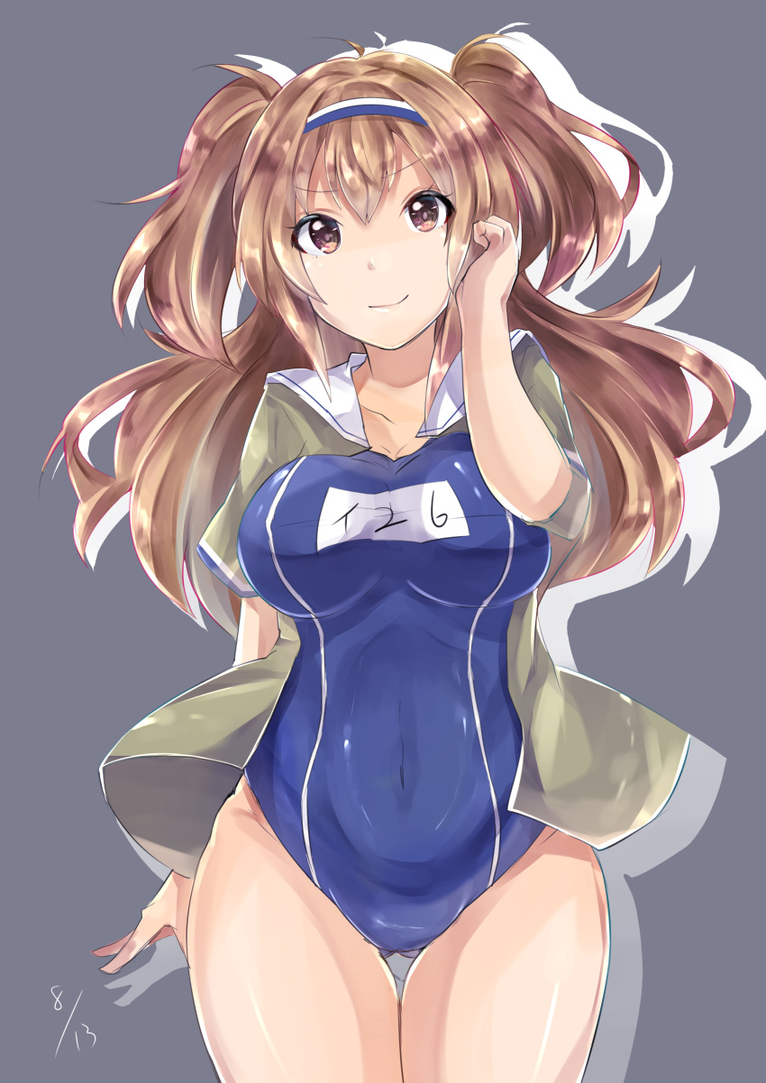 1girl absurdres breasts hairband highres i-26_(kantai_collection) jacket kantai_collection large_breasts light_brown_hair long_hair long_sleeves low_twintails new_school_swimsuit open_clothes school_swimsuit smile solo swimsuit swimsuit_under_clothes twintails zhi_zhi/zu_zu