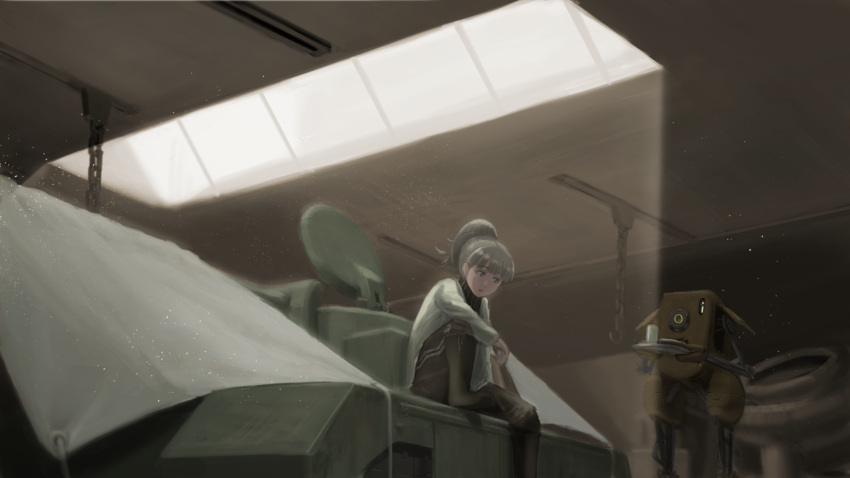 1girl boots chains completion_time cup dust dust_particles garage green_eyes grey_hair hatch hettsuaa high_ponytail highres holding_tray hook indoors knee_up long_hair looking_at_another military military_vehicle open_hatch original pants ponytail robot sitting skylight tarpaulin track_pants tray vehicle
