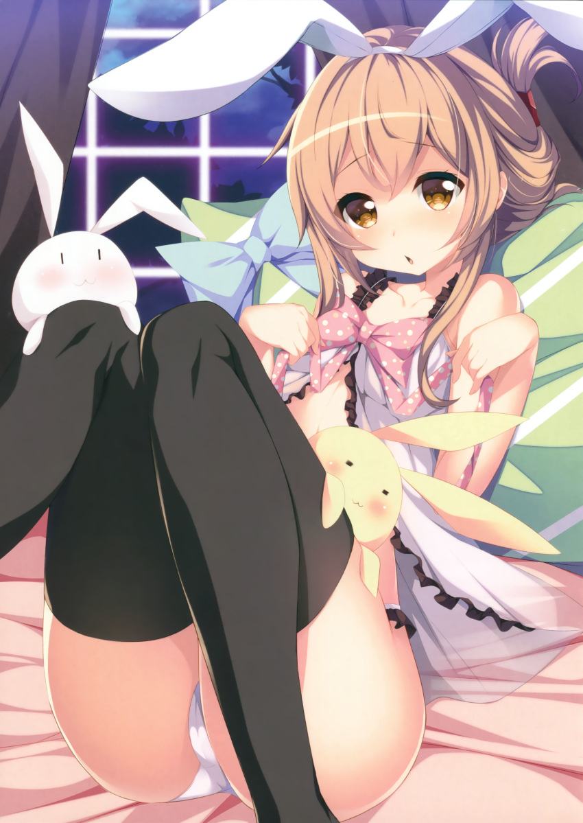 1girl :3 =_= absurdres animal_ears black_legwear blue_bow blush bow brown_hair collarbone curtains fake_animal_ears folded_ponytail gabao. highres inazuma_(kantai_collection) kantai_collection lingerie negligee open_mouth panties pillow pink_bow polka_dot polka_dot_bow rabbit_ears short_hair_with_long_locks sitting stuffed_animal stuffed_bunny stuffed_toy thigh-highs underwear white_panties window |_|