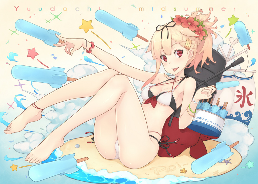 1girl :d :p adam700403 alternate_costume anklet bare_legs bare_shoulders barefoot barrel bikini black_ribbon blonde_hair blush bracelet braid breasts cleavage collarbone english fangs flower food hair_flower hair_ornament hairclip holding holding_food jewelry kantai_collection legs_up looking_at_viewer md5_mismatch medium_breasts open_mouth pink_flower ponytail popsicle red_eyes remodel_(kantai_collection) ribbon short_hair side-tie_bikini side_braid sitting smile solo summer swimsuit teeth text tongue tongue_out white_bikini yuudachi_(kantai_collection)