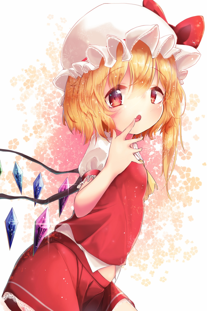 1girl akisha ascot blonde_hair bow flandre_scarlet hat hat_bow highres lying mob_cap open_mouth red_eyes side_ponytail solo sparkle touhou wings
