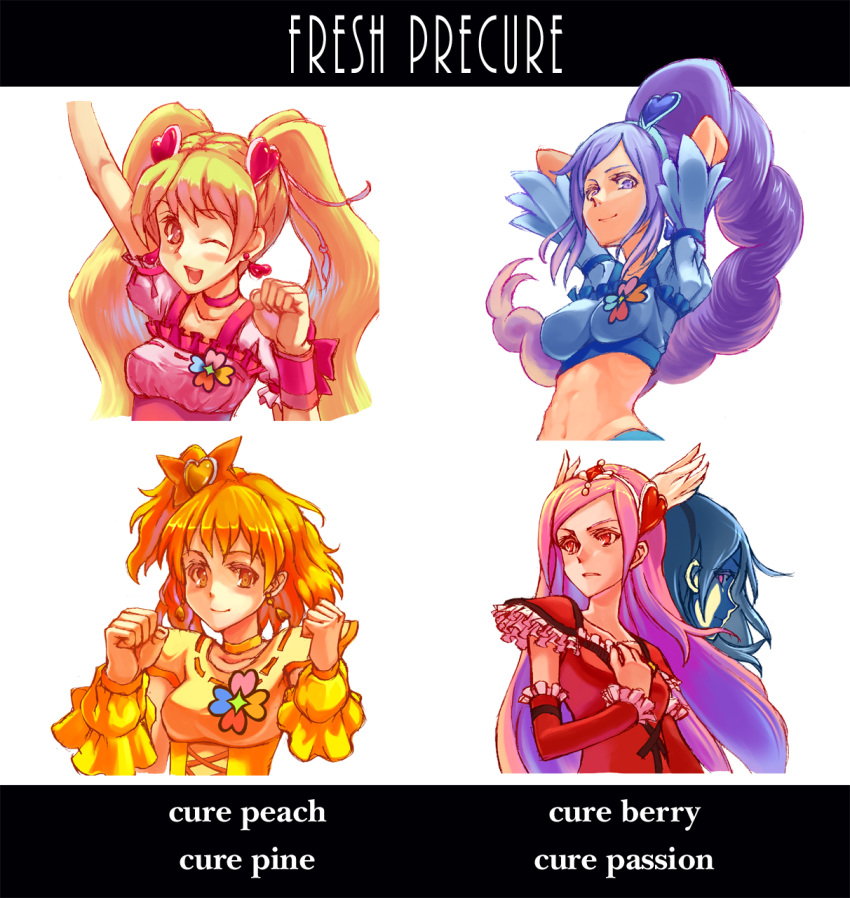 4girls ;d aono_miki arm_up arms_up asymmetrical_hair blonde_hair bow character_name choker copyright_name cure_berry cure_passion cure_peach cure_pine earrings eas fresh_precure! frills hair_ornament hair_ribbon hairband hairpin heart heart_hair_ornament higashi_setsuna highres jewelry long_hair magical_girl midriff momozono_love multiple_girls one_eye_closed open_mouth orange_eyes orange_hair pink_bow pink_eyes pink_hair potepote precure purple_hair red_eyes ribbon short_hair side_ponytail smile tiara twintails violet_eyes yamabuki_inori