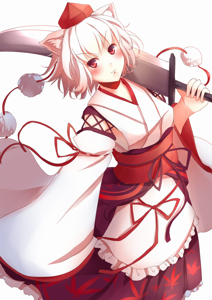 1girl animal_ears blush detached_sleeves hat highres inubashiri_momiji kanzakietc looking_at_viewer looking_up obi over_shoulder pom_pom_(clothes) red_eyes sash short_hair silver_hair simple_background solo sword sword_over_shoulder tail tokin_hat touhou weapon weapon_over_shoulder white_background wolf_ears wolf_tail