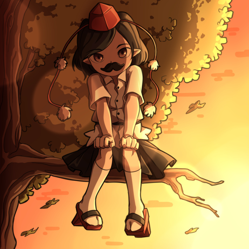 1girl black_hair black_skirt buttons collaboration collared_shirt day facial_hair geta hands_on_own_knees hat highres leaf looking_at_viewer mefomefo miniskirt mustache outdoors pointy_ears pom_pom_(clothes) red_footwear red_headwear shameimaru_aya shirt short_sleeves sitting skirt slascoplerd smile socks solo tengu tengu-geta tokin_hat touhou tree white_legwear white_shirt