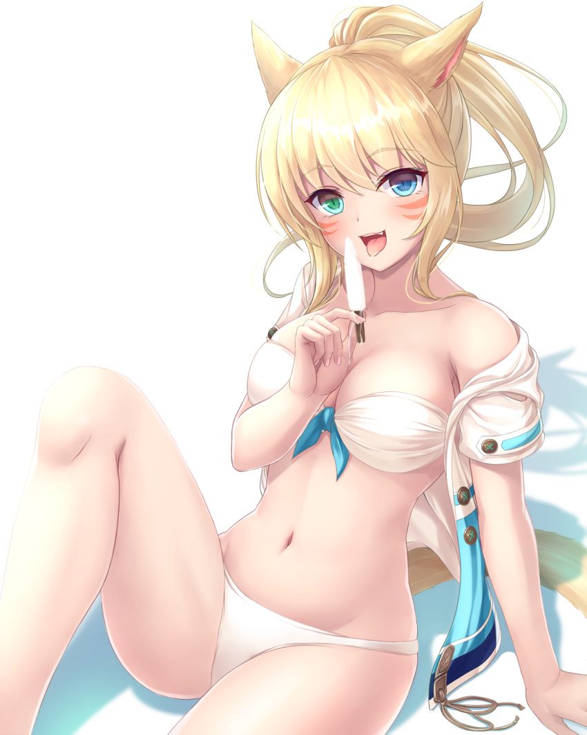 1girl :d animal_ears bare_shoulders bikini blonde_hair blue_eyes blue_ribbon blush breasts buttons cat_ears cat_tail cleavage collarbone final_fantasy final_fantasy_xiv food front-tie_bikini front-tie_top green_eyes heterochromia highres holding holding_food knee_up long_hair looking_at_viewer md5_mismatch medium_breasts miqo'te navel off_shoulder open_clothes open_mouth open_shirt ponytail popsicle ribbon shirt short_sleeves simple_background sitting smile solo stomach swimsuit tail tiphereth unbuttoned unbuttoned_shirt whisker_markings white_background white_bikini white_shirt