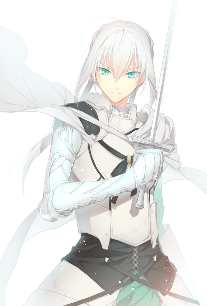 1boy ahoge armor bedivere blue_eyes cape fate/grand_order fate_(series) gauntlets green_eyes highres hinotta knight long_hair male_focus silver_hair simple_background solo sword twintails weapon white_background