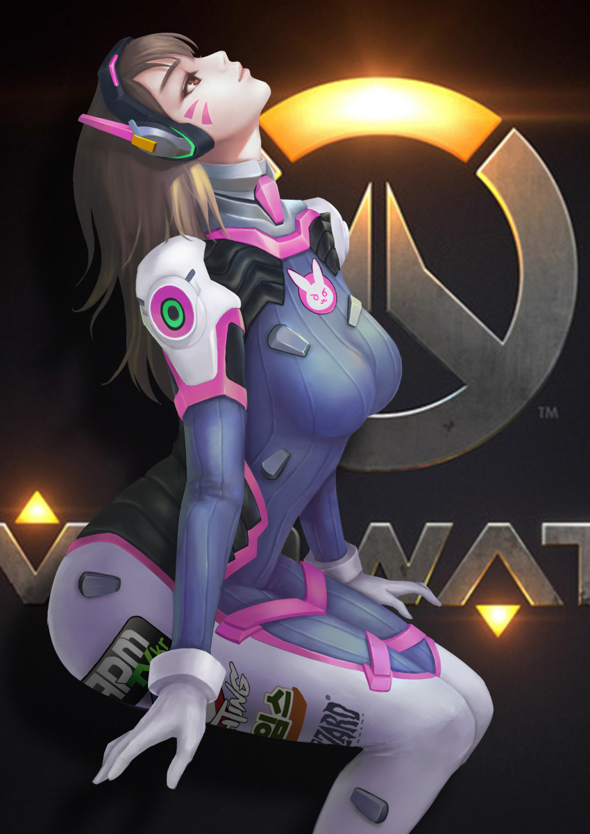 1girl absurdres bangs blizzard_(company) bodysuit breasts brown_eyes brown_hair clothes_writing copyright_name cowboy_shot d.va_(overwatch) dark_background emblem facepaint facial_mark glint gloves headphones highres huntungg jpeg_artifacts knees_together lips logo long_hair looking_up medium_breasts meka_(overwatch) nose overwatch pilot_suit profile sitting solo swept_bangs whisker_markings white_gloves
