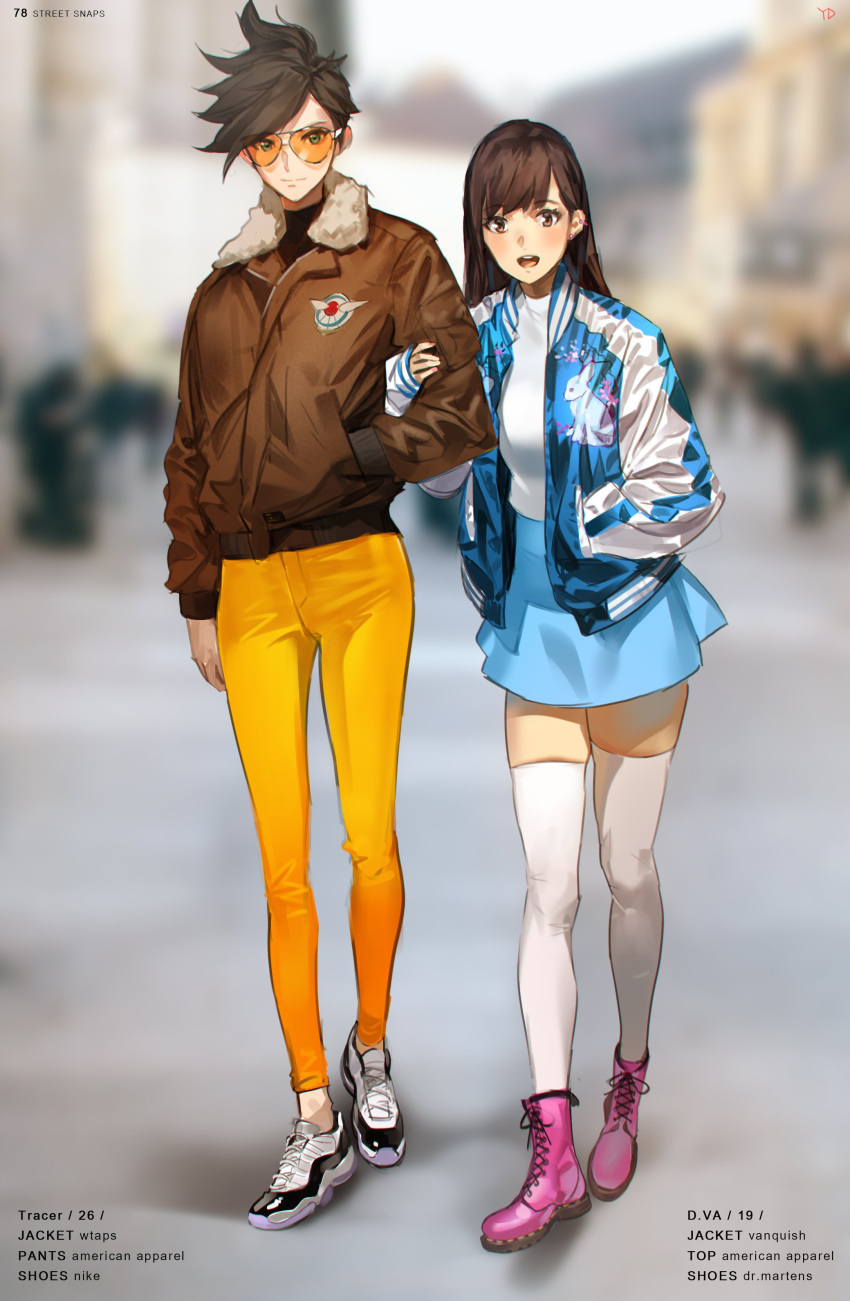 2girls absurdres adapted_costume alternate_costume arm_hug artist_name bangs blue_skirt bomber_jacket boots brown_eyes brown_hair brown_jacket bunny_print casual character_name d.va_(overwatch) ear_piercing fashion fingernails fur-trimmed_jacket fur_collar fur_trim glasses green_eyes hand_in_pocket hand_on_another's_arm high-waist_skirt high_collar highres jacket long_hair long_sleeves looking_at_viewer multiple_girls nail_polish open_mouth overwatch pants piercing pink_boots pink_nails shoes short_hair skirt smile spiky_hair standing sunglasses thigh-highs tracer_(overwatch) turtleneck white_legwear yang-do yellow_pants zettai_ryouiki