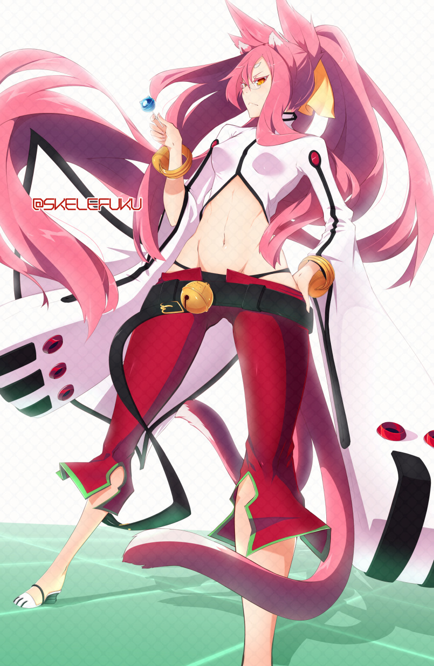 1girl animal_ears bell bell_collar belt black_panties blazblue bracelet breasts capri_pants cat_ears collar glasses high_heels highres jewelry kokonoe long_hair orange_eyes panties pants pink_hair ponytail skelefuku underwear watermark