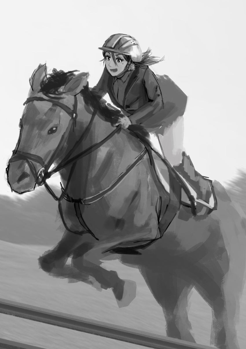 1girl boots completion_time eyelashes formal greyscale helmet hettsuaa highres horse hurdle jockey jumping leaning_forward long_hair monochrome motion_blur open_mouth original reins riding_crop saddle sketch skirt suit thighs