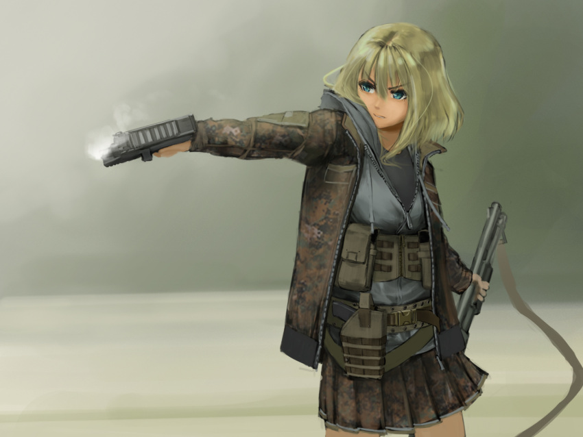 1girl aqua_eyes belt_pouch blonde_hair coat completion_time digital_camouflage gangsta_hold glaring gun hettsuaa highres holster kriss_vector long_hair looking_to_the_side open_clothes open_coat shotgun simple_background skirt smoke smoking_gun solo weapon zipper