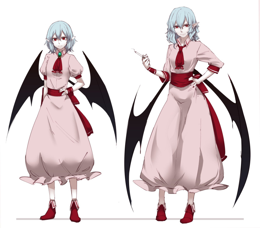 2girls age_comparison ascot bat_wings blue_hair brooch cigarette dress dual_persona full_body hand_on_hip height_difference highres holding_cigarette jewelry looking_at_viewer multiple_girls no_hat no_headwear older pink_dress pointy_ears puffy_short_sleeves puffy_sleeves red_eyes red_shoes remilia_scarlet sash shoes short_hair short_sleeves shukusuri smile touhou wings wrist_cuffs
