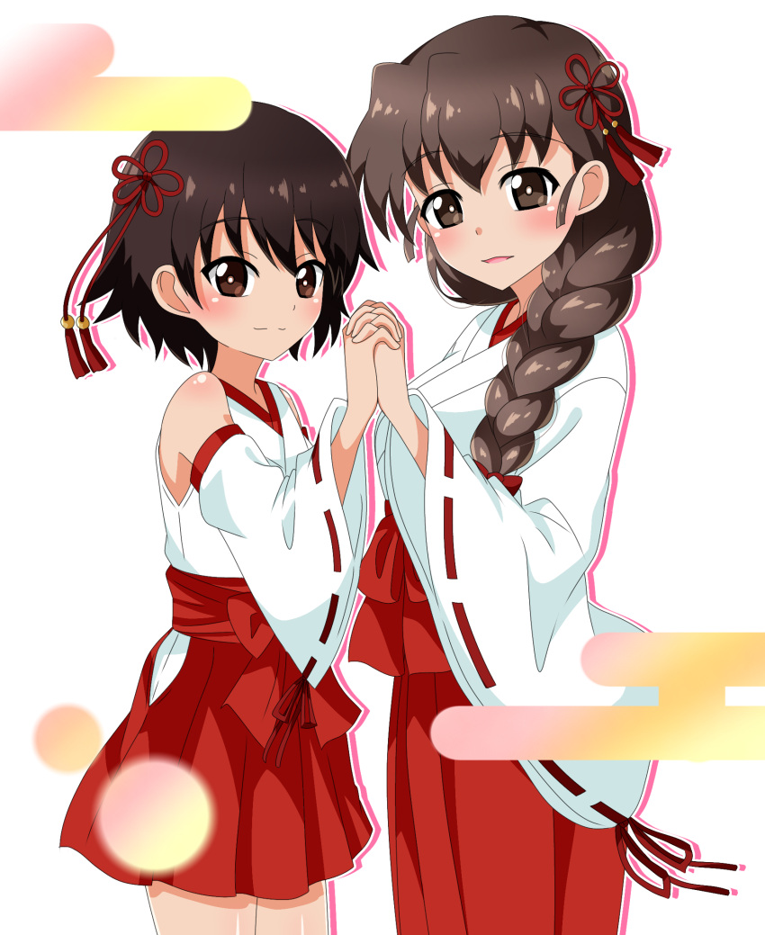 2girls bangs blush braid braided_ponytail brown_eyes brown_hair closed_mouth commentary detached_sleeves egasumi from_side girls_und_panzer hair_ornament hair_over_shoulder hair_ribbon hakama hakama_skirt highres holding_hands interlocked_fingers isobe_noriko japanese_clothes kimono long_hair long_sleeves looking_at_viewer miniskirt multiple_girls nontraditional_miko open_mouth red_hakama red_ribbon red_skirt ribbon ribbon-trimmed_sleeves ribbon_trim rukuriri_(girls_und_panzer) short_hair single_braid skirt sleeveless sleeveless_kimono smile standing tanutika white_background white_kimono white_sleeves wide_sleeves yuri