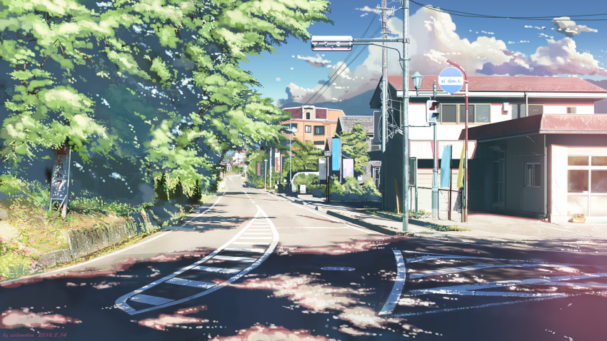2016 artist_name banner building clouds dated highres no_humans original outdoors power_lines road road_sign scenery sign sky street sunlight telephone_pole town traffic_light tree tree_shade xi_chen_chen