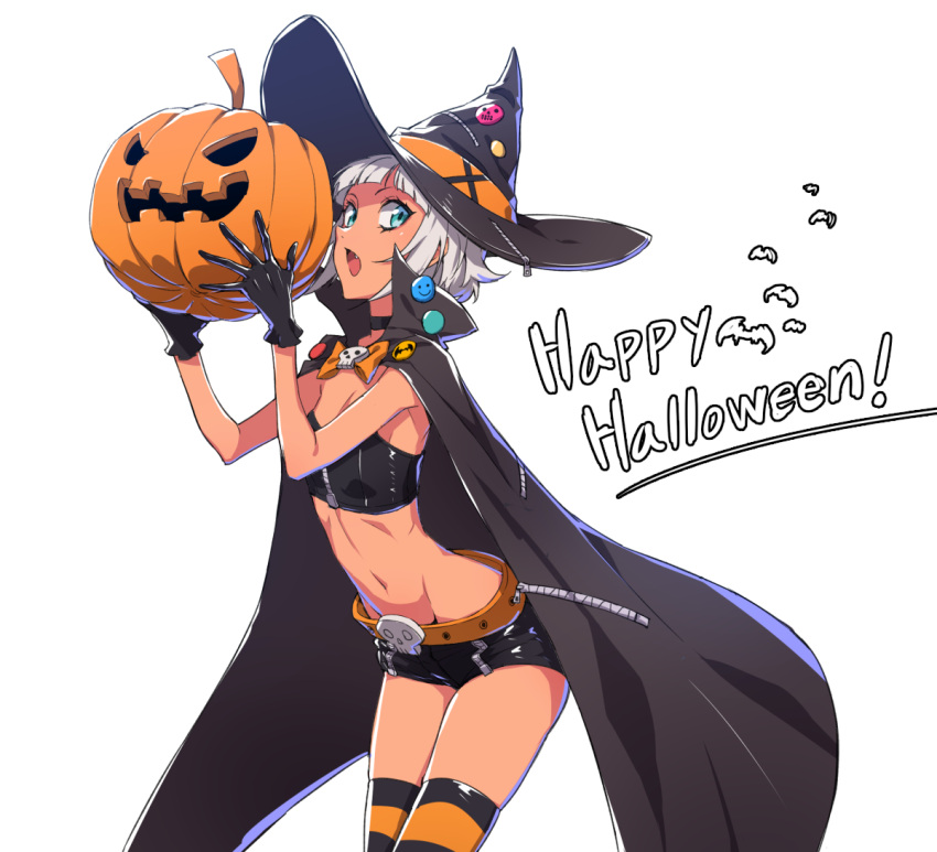 1girl bangs black_gloves blue_eyes blunt_bangs buckle cape choker dark_skin fang gloves halloween happy_halloween hat jack-o'-lantern looking_at_viewer midriff nora_(supernew) open_mouth original short_hair short_shorts shorts silver_hair solo strapless striped striped_legwear supernew thigh-highs tubetop witch_hat