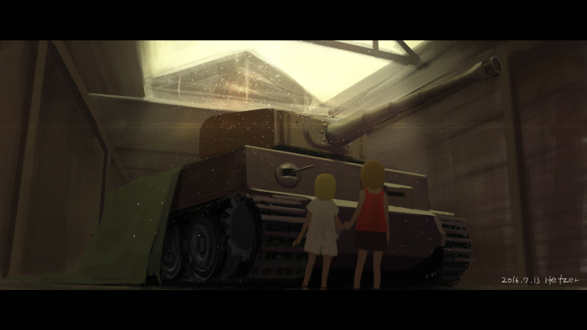 2girls artist_name blonde_hair brown_hair cannon dated from_behind garage girls_und_panzer ground_vehicle hand_holding hettsuaa highres indoors letterboxed military military_vehicle motor_vehicle multiple_girls nishizumi_maho nishizumi_miho panzerkampfwagen_vi_tiger rivets shorts siblings sisters snow tank tank_top tarpaulin tiger_i younger