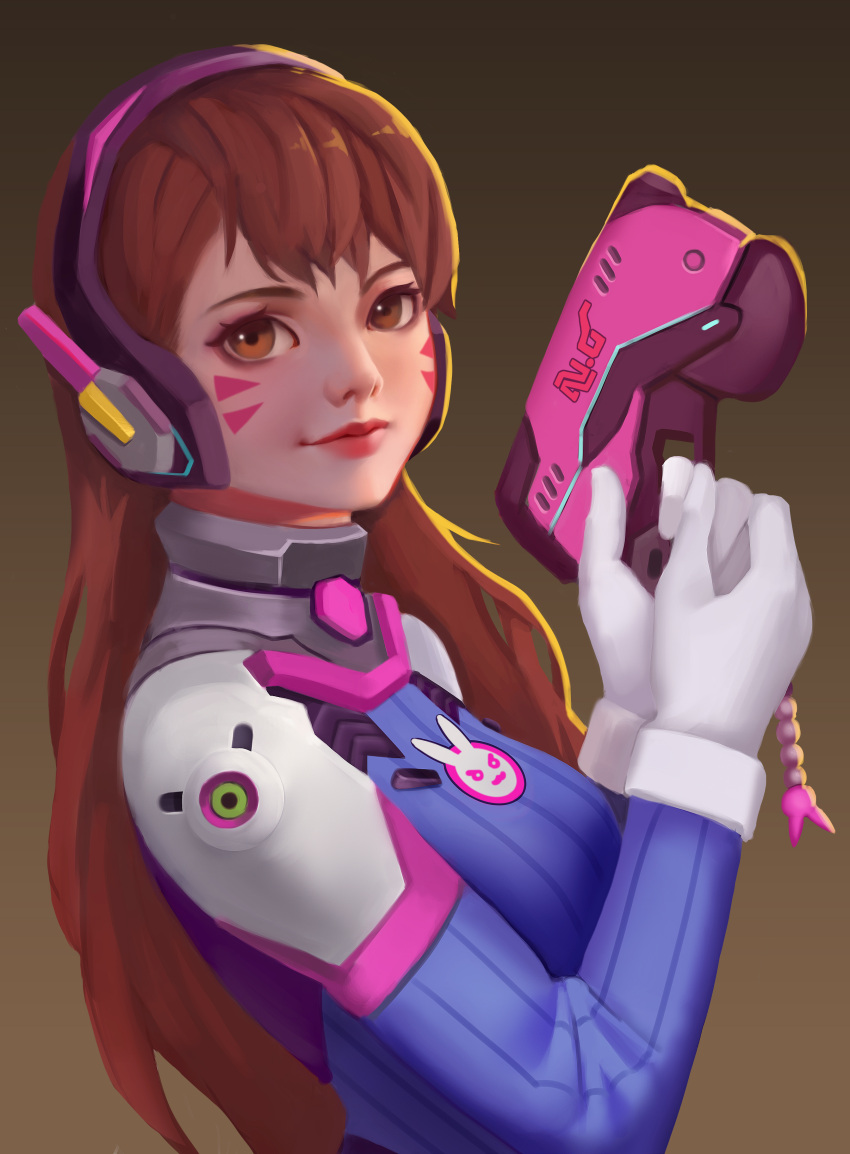 1girl absurdres armor bangs bodysuit bracer breasts brown_eyes brown_hair bunny_print charm_(object) d.va_(overwatch) eyeliner facepaint facial_mark finger_on_trigger gloves gradient gradient_background gun handgun hands_up headphones high_collar highres holding holding_gun holding_weapon lips long_hair looking_at_viewer makeup mascara overwatch parted_lips pauldrons pilot_suit pink_lips ribbed_bodysuit shoulder_pads solo starry-hp turtleneck upper_body weapon whisker_markings white_gloves