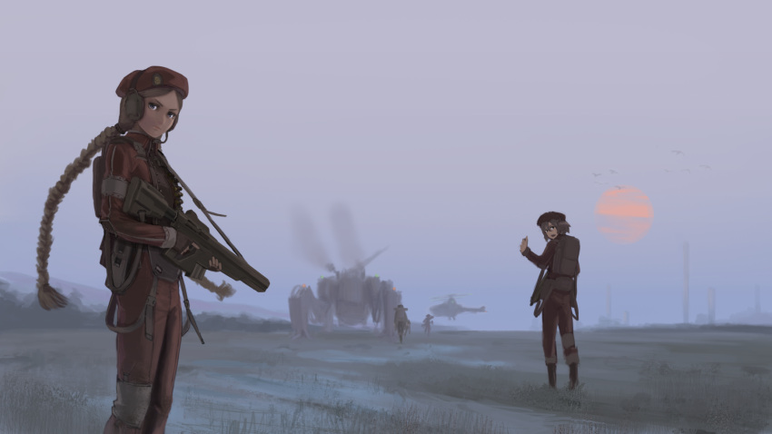 2girls aircraft backpack bag beret bird boots braid brown_hair clouds completion_time dark_skin exhaust field flock fog grass gun hat helicopter hettsuaa highres holding holding_gun holding_weapon jumpsuit long_braid long_hair looking_at_viewer looking_back mecha moon morning multiple_girls original red_moon rifle science_fiction tower trigger_discipline twin_braids uniform very_long_hair water weapon