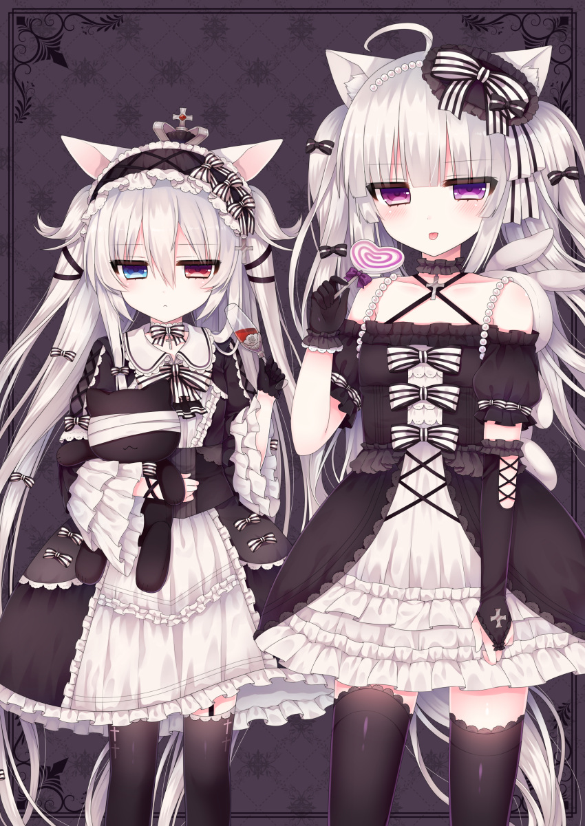 2girls :p absurdres alice_claudia animal_ears black_gloves black_legwear candy cat_ears choker dress female gloves gothic_lolita grey_hair hairband heart heterochromia highres jewelry lolita_fashion lollipop lolo_noel long_hair multiple_girls necklace thigh-highs tongue tongue_out tsukikage_nemu twintails
