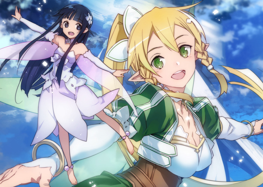 2girls abec barefoot black_eyes black_hair blonde_hair breasts cleavage collar collarbone detached_sleeves dress fairy feet green_eyes hair_ornament highres large_breasts leafa long_hair looking_at_viewer multiple_girls official_art open_mouth pointy_ears ponytail strapless strapless_dress sword_art_online white_dress yui_(sao) yui_(sao-alo)