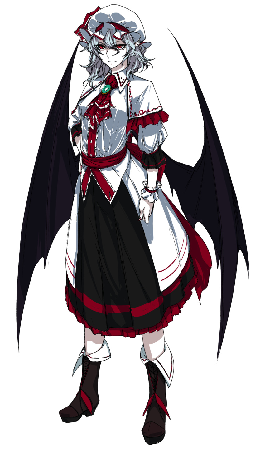&gt;:) 1girl ascot bat_wings black_boots black_skirt blouse boots brooch capelet dress_shirt embellished_costume frilled_skirt frills full_body hand_on_hip hat hat_ribbon highres jewelry long_skirt mob_cap older puffy_sleeves red_eyes red_ribbon remilia_scarlet ribbon sash shirt short_hair shukusuri silver_hair skirt solo touhou white_blouse white_shirt wings wrist_cuffs