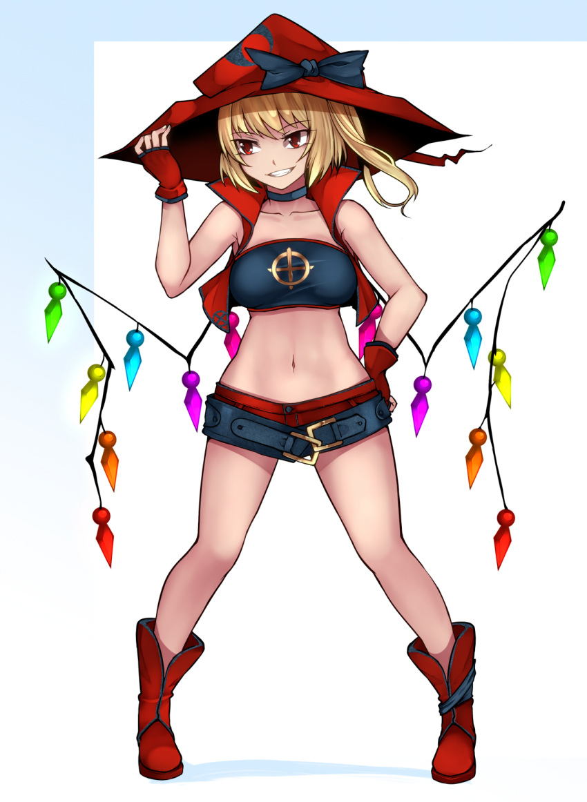 1girl alternate_costume ankle_boots aoshima asymmetrical_hair belt belt_buckle black_bow blonde_hair boots bow breasts buckle buttons choker collarbone crescent_moon_symbol crystal demon_girl demon_wings fingerless_gloves flandre_scarlet full_body gloves grin hand_on_hip hand_up hat hat_bow hat_ornament highres holding holding_hat legs_apart looking_to_the_side medium_breasts navel older open_clothes open_vest parted_lips rainbow_order red_boots red_eyes red_gloves red_hat red_shorts red_vest short_hair short_shorts shorts side_ponytail simple_background smile solo standing stomach strapless teeth touhou tubetop vest white_background wings